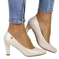 Czółenka - DAMSKIE CZÓŁENKA NA SŁUPKU OBCASIE SERGIO LEONE 1459 BEŻOWE PERŁOWE - miniaturka - grafika 1