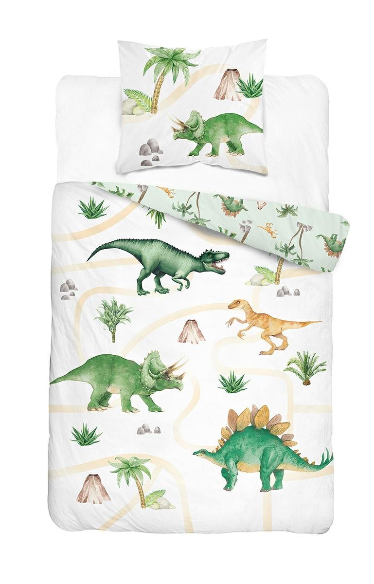 Pościel młodzieżowa 140x200 biała z dinozaurami T-Rex, triceratops i stegozaurem - Cotton Junior Collection