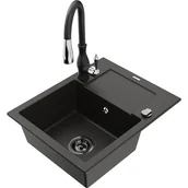 Zlewozmywaki z baterią - Mexen Enzo zlewozmywak granitowy 1-komorowy z ociekaczem i baterią kuchenną Savita, czarny/złoty metalik - miniaturka - grafika 1