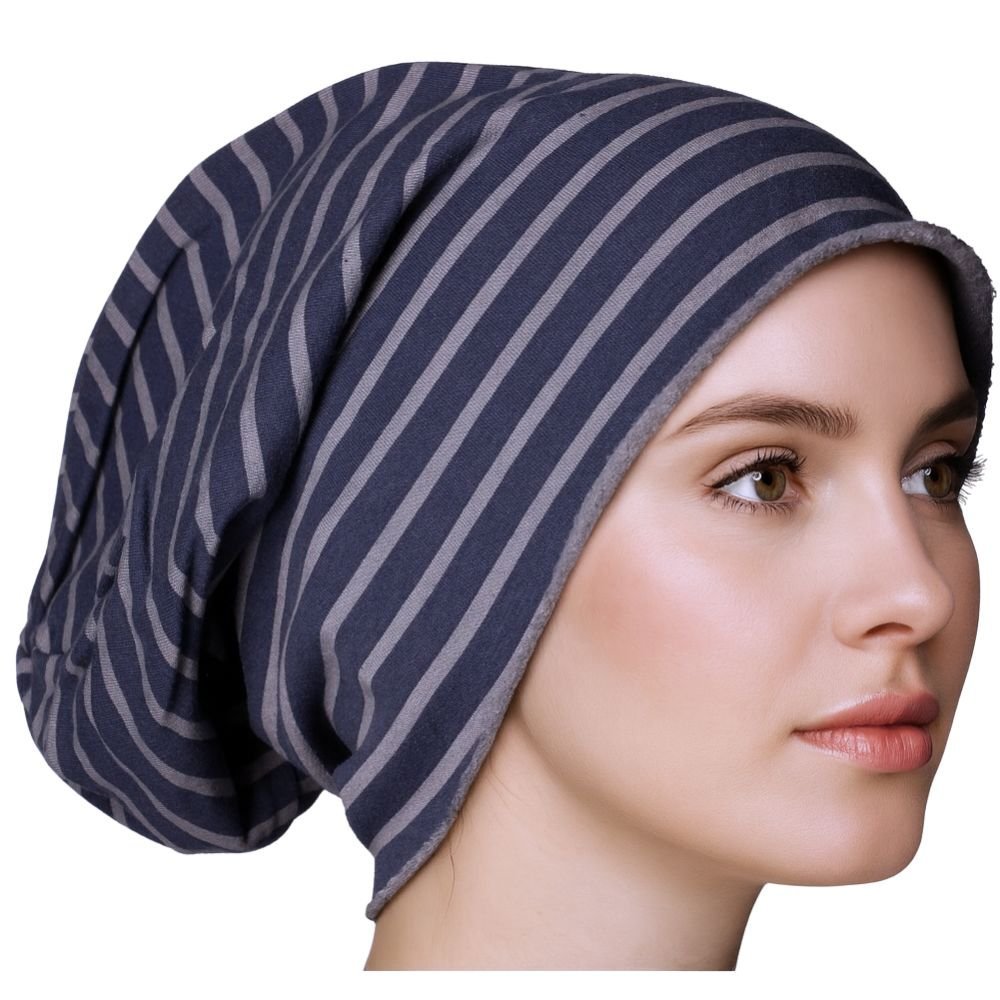 Czapka damska Beanie włoska cienka smerfetka granatowa w szare paski