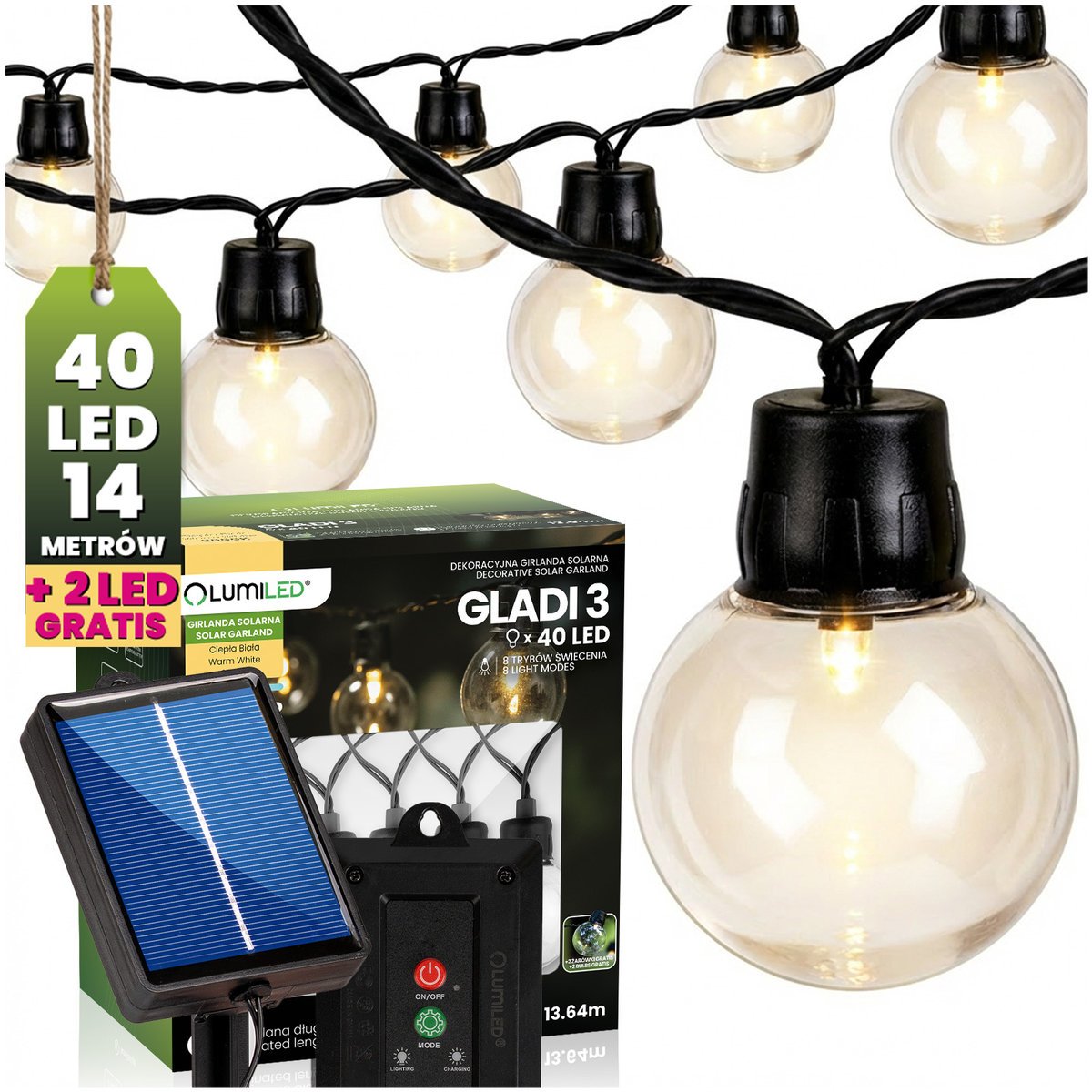 Lumiled Girlanda Solarna Ogrodowa 40 LED Balkonowa Ozdobne Kuleczki 13,64m 3000K Ciepła GLADI 3