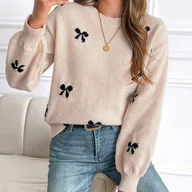 Swetry damskie - TEMU Elegancki sweter z okrągłym dekoltem, wykonany z dzianiny poliestrowej, z kolorowym blokowym wzorem i detalem kokardki, na jesień/zimę - miniaturka - grafika 1