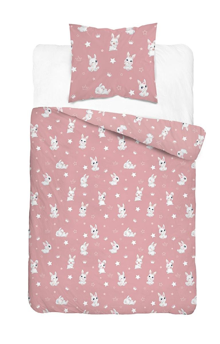 Pościel młodzieżowa 140x200 różowa z króliczkami, gwiazdkami i koronami - Cotton Junior Basic Collection