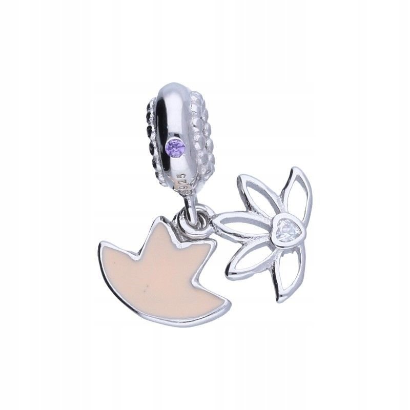 Zawieszka Bead Srebro 925 Kwiat Różowa Emalia Cyrkonia na prezent 2.42g