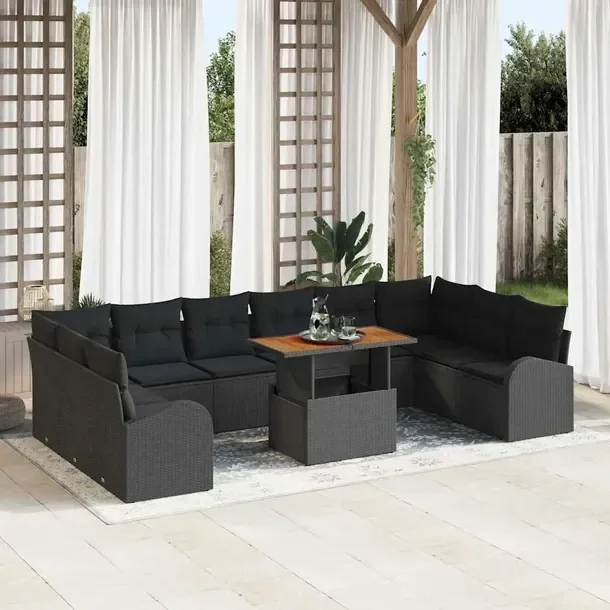 Zestaw 11-częściowy sofa ogrodowa z polirattanu, czarny, z poduszkami