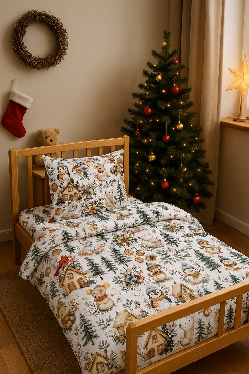 Świąteczna zimowa pościel do łóżeczka 120x90 boho święta+biały