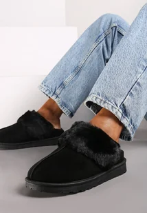 Czarne Kapcie na Płaskiej Podeszwie z Futerkiem Avathline - Kapcie damskie - miniaturka - grafika 1