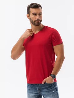 Koszulki męskie - Klasyczna męska koszulka z dekoltem w serek BASIC - czerwony V14 S1369 - grafika 1