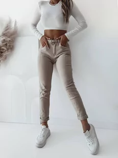 SPODNIE JEANSOWE MOM FIT Z PASKIEM- BEŻOWE - Olika - Spodnie damskie - miniaturka - grafika 1