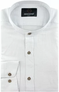 Koszule męskie - Massaro Lniana Koszula Męska Codzienna ze stójką Przewiewna Casual gładka biała z długim rękawem w kroju SLIM FIT Massaro C043 Koszula C043 - grafika 1