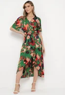 Sukienki - Zielono-Czerwona Sukienka z Kopertowym Dekoltem i Asymetrycznym Dołem z Gumką w Talii Coralen - miniaturka - grafika 1