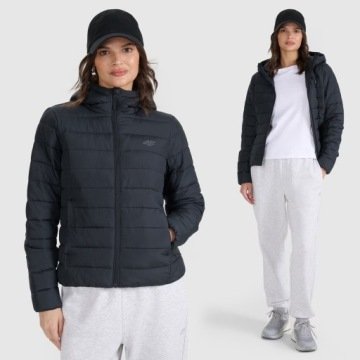Kurtka Damska 4F Pikowana Puchowa Przejściowa Z Kapturem Jesienna Czarna XL