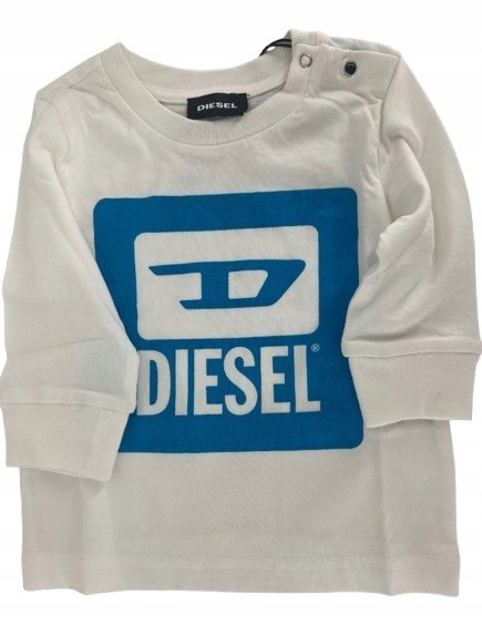 DIESEL BIAŁA BLUZKA BAWEŁNIANA Z NIEBIESKIM LOGO DŁUGI RĘKAW 74 KYB