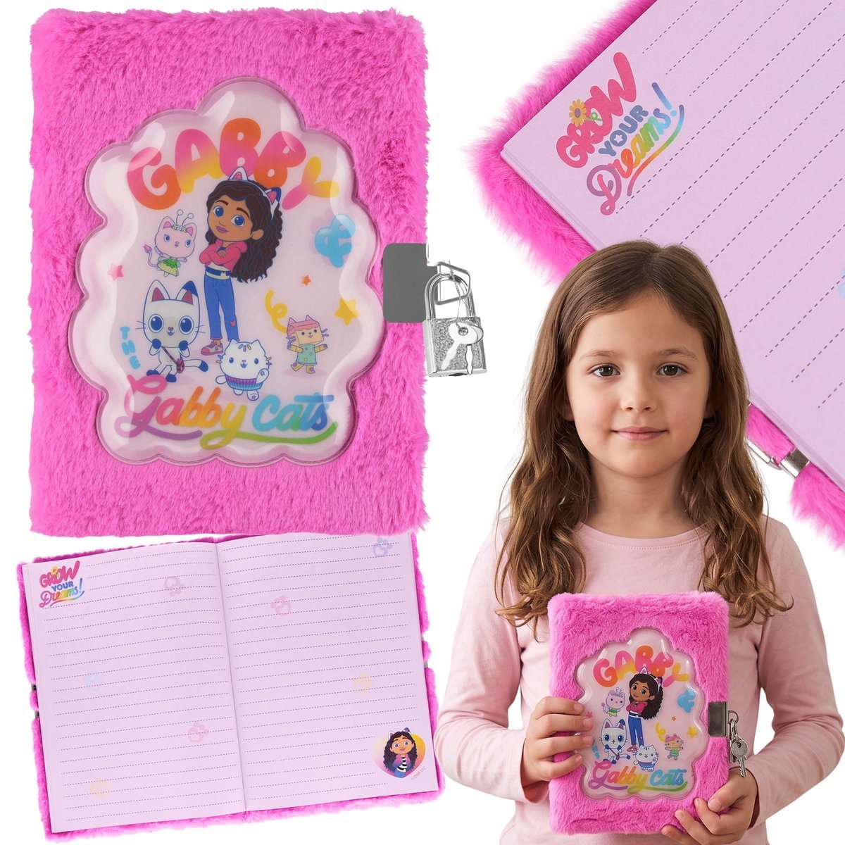 Koci Domek Gabi PLUSZOWY notes dla dziewczynki, pamiętnik NA KLUCZYK, zeszyt szkolny w linie A5