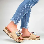 Klapki i japonki damskie - S.Barski HY077 klapki damskie na platformie beżowe z ozdobą - miniaturka - grafika 1