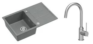 Quadron Unique Zlewozmywak granitowy jednokomorowy 78*50*22 cm z ociekaczem MORGAN 111 SILVER STONE z syfonem Push-2-Open w kolorze stalowym z baterią INGRID Q LINE kolor stal szczotkowana - Zlewozmywaki z baterią - miniaturka - grafika 1
