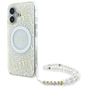 Guess GUHMP16SHCPOFPH iPhone 16 6.1" biały/white hardcase IML Flowers Allover Electro With Pearl Strap MagSafe - Etui i futerały do telefonów - miniaturka - grafika 1