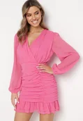 Sukienki - Różowa Sukienka Mini Taliowana z Kopertową Górą i Marszczeniami Nolsama - miniaturka - grafika 1