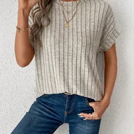 Bluzki damskie - TEMU Damska letnia koszulka z okrągłym dekoltem i paskiem na ramię - lekka, z wąską siatką, krótkim rękawem i okrągłym dekoltem, jednokolorowa, na co - miniaturka - grafika 1