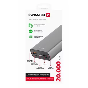 SWISSTEN, Powerbank, ALUMINUM, Li-Pol, 5/9/12V, do ładowania telefonów i innych urządzeń, 22013916, 20000mAh, microUSB, 2x USB-A, - Powerbanki - miniaturka - grafika 2