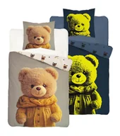 Pościel dla dzieci - Pościel dziecięca świecąca w ciemności 140x200 jasna z dużym misiem w żółtym sweterku – FluoDream - miniaturka - grafika 1