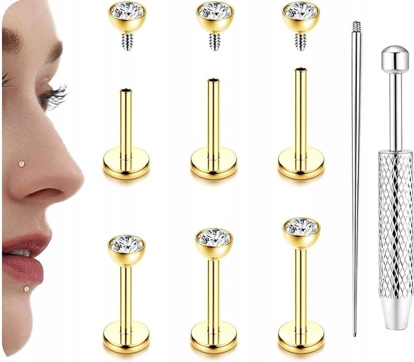 KOLCZYKI 7 SZTUK 10MM LABRET PIERCING TITAN WEWNĘTRZNY GWINT KOSTKA