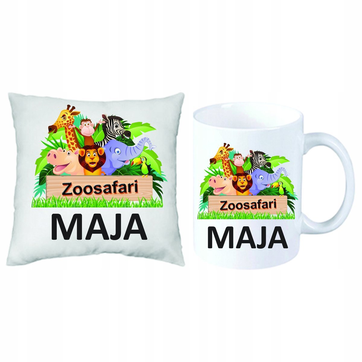 ZESTAW Przedszkolaka PODUSZKA + KUBEK Zoo Safari