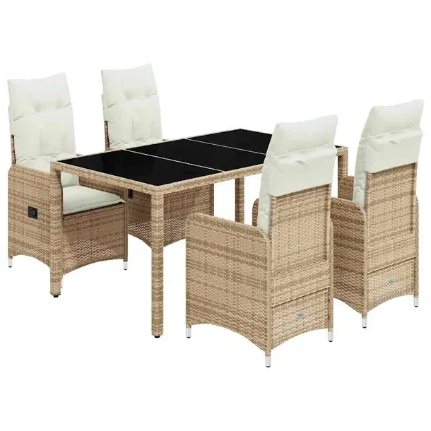 Zestaw bistro ogrodowy 4 krzesła i stół beżowy, rattan PE, wymiary 150x