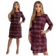 Sukienki - BORDOWA ŚLICZNA PROSTA SUKIENKA W KRATKĘ ROZMIAR 40 - miniaturka - grafika 1