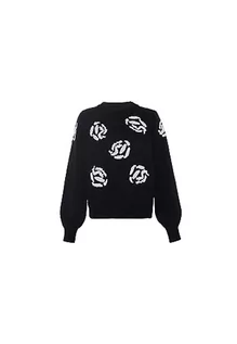 Swetry damskie - faina Damski sweter kwiatowy dzianinowy okrągły dekolt dzianina czarna rozmiar M/L, czarny, M - grafika 1