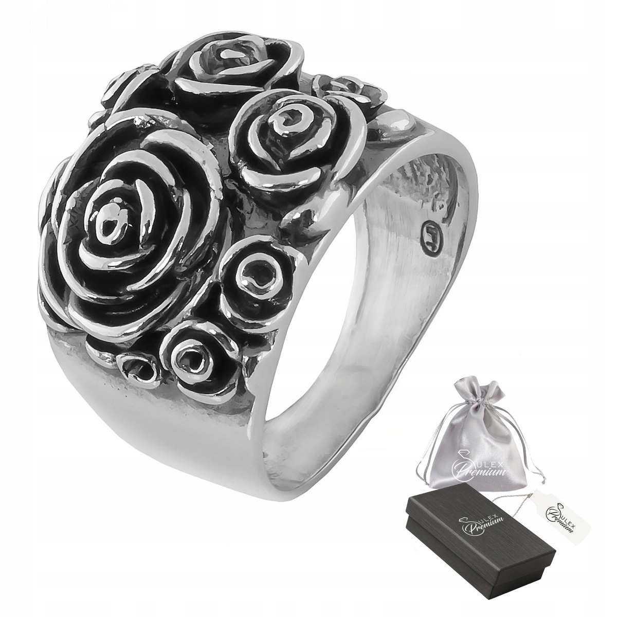 Srebrny Pierścionek 925 Oksydowany Pierścień z Różami Styl Vintage r. 15