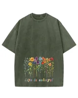 Koszulki i topy damskie - Damska koszulka oversize efekt sprania Kolorowe Kwiaty Wiosna Khaki XXL - miniaturka - grafika 1