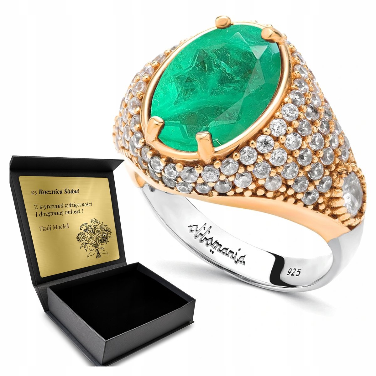 Pierścionek Srebrny 925 Cyrkonie Turmalin Biżuteria Dla Kobiety + Grawer