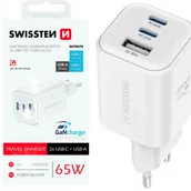 Ładowarki do telefonów - SZYBKA ŁADOWARKA SIECIOWA GaN 65W PD 2x USB-C + 1xUSB-A BIAŁA SWISSTEN - miniaturka - grafika 1