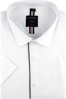 Koszule męskie - Koszula Męska Elegancka Wizytowa do garnituru gładka biała z granatową lamówką z krótkim rękawem w kroju SLIM FIT Laviino N678 - grafika 1