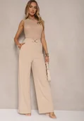 Kombinezony - Jasnobeżowy Kombinezon z Prostymi Nogawkami z Metalową Ozdobą w Talii Lannrive - miniaturka - grafika 1