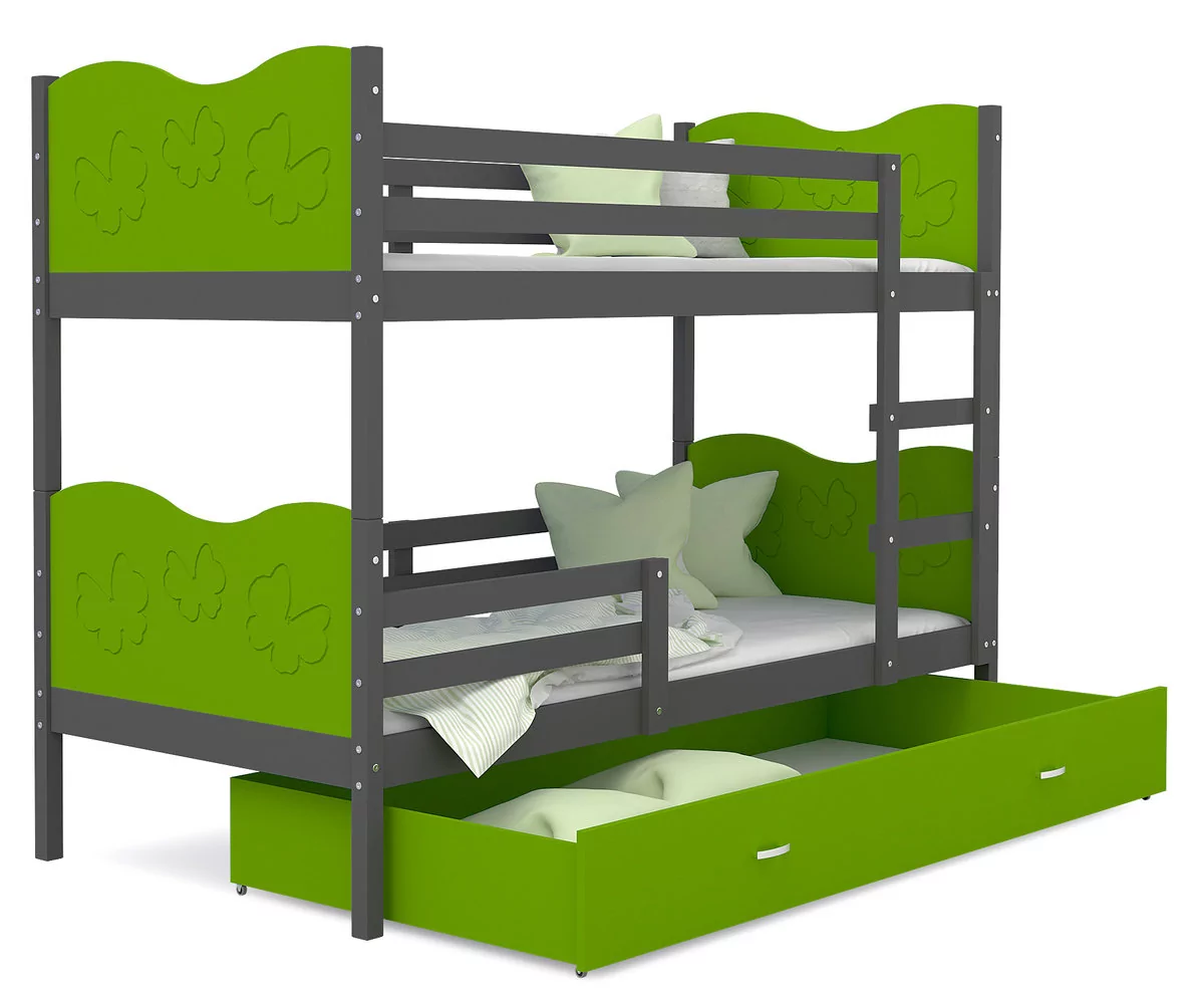 Łóżko piętrowe 200x90 szare zielony + materace MAX