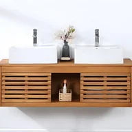 Szafki łazienkowe - Szafka łazienkowa wisząca z drewna akacjowego z podwójną umywalką - 130 cm - PENEBEL - miniaturka - grafika 1