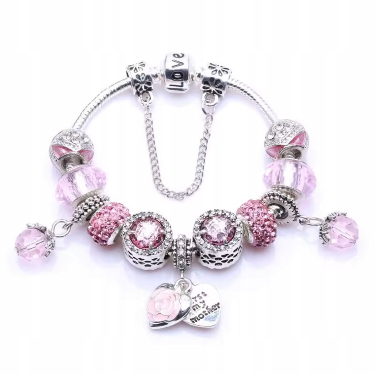 Srebrna Bransoletka Charms Beads Turmalin Cyrkonie Serce Jagody Kwiaty Love
