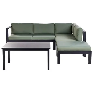 BELIANI Zestaw ogrodowy 5 osobowy czarny aluminium rama zielone poduszki sofa narożnik pufa stół - Narożniki - miniaturka - grafika 1