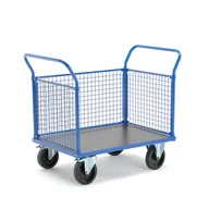 Wózki magazynowe - Wózek platformowy TRANSFER, 3 burty z siatki, 1000x700 mm, guma elastyczna, z hamulcami - miniaturka - grafika 1