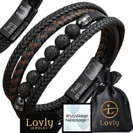 Bransolety męskie - SKÓRZANA BRANSOLETKA MĘSKA STAL NIERDZEWNA LAWA CZARNA PREMIUM Z GRAWEREM - miniaturka - grafika 1