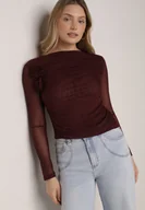Bluzki damskie - Bordowa Bluzka Siateczkowa z Marszczeniem i Kwiatową Aplikacją Nelimor - miniaturka - grafika 1