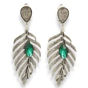 Kolczyki - Klipsy do uszu wiszące liscie z zielonym kamieniem srebrne - miniaturka - grafika 1