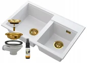 Zlewozmywaki - Granitan Zlew Granitowy Biały 2Komory Syfon Złoty Hektor - miniaturka - grafika 1