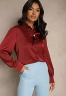 Koszule damskie - Bordowa Koszula z Bufiastymi Rękawami Kołnierzem z Perłami i Broszką Gonathiel - miniaturka - grafika 1