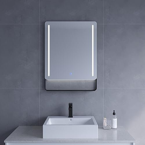 Lustro łazienkowe z oświetleniem i półką w kolorze czarnym, 60 x 80 cm, lustro łazienkowe z wysokiej jakości aluminiową ramą, lustro łazienkowe z oświetleniem LED, przełącznik dotykowy, możliwość