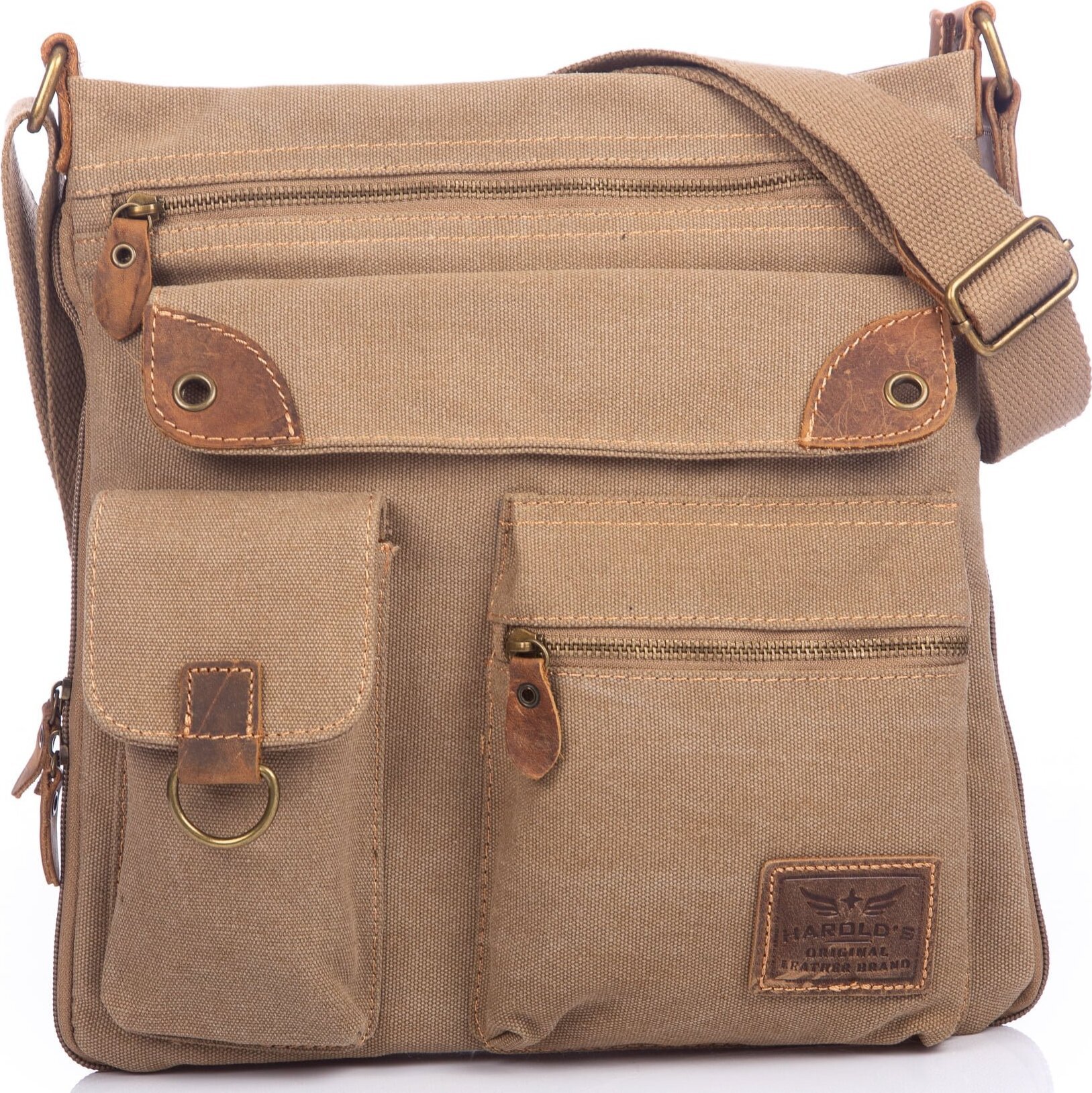 Torebka Damska Poszerzana w stylu vintage z dużą liczbą kieszonek canvas + skóra naturalna brązowa