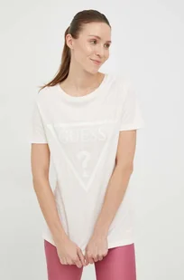 Guess t-shirt bawełniany kolor beżowy - Koszulki sportowe damskie - miniaturka - grafika 1