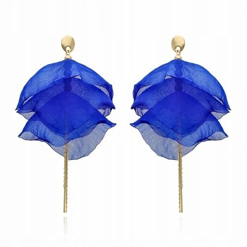 Kolczyki Jedwabne Yvon Niebieskie Indygo Z Długimi Złotymi Łańcuszkami